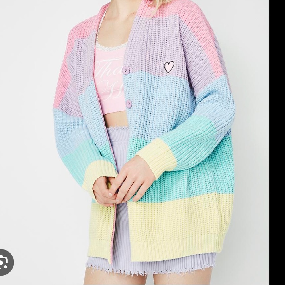 Lazy Oaf Pastel Rainbow Cardigan embroidered heart patch RARE